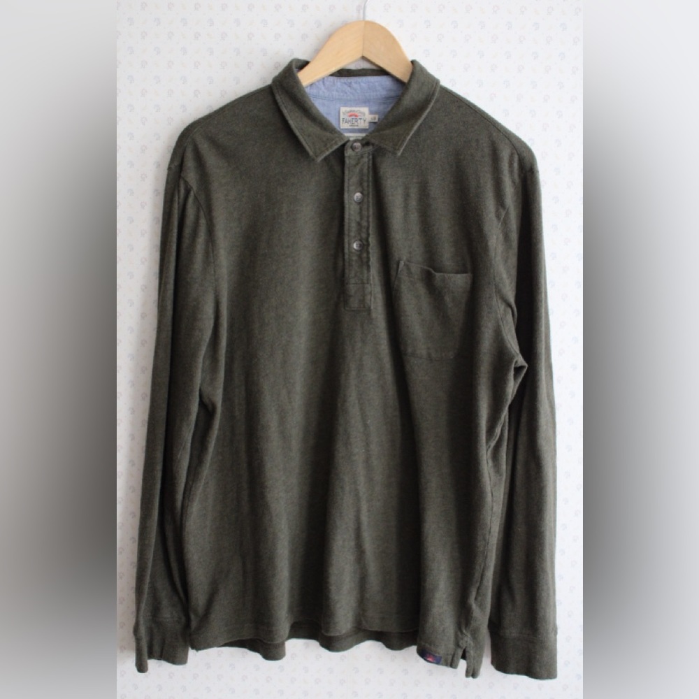 Faherthy Long Sleeve Luxe Solid Polo  - Size L - Olive Heather